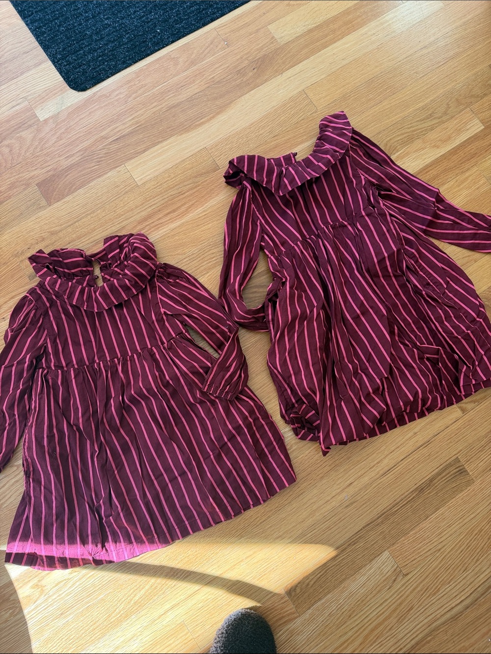 Hanna Andersson Burgundy and Pink Striped Ruffle-Neck Top